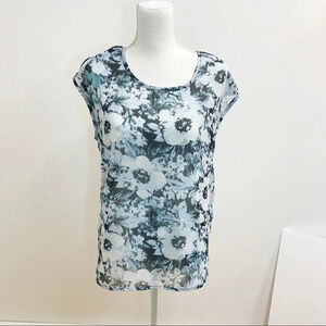Truth Sheer Blouse Top Woman Medium  Black Gray Floral Print Zipper Shoulder  K5